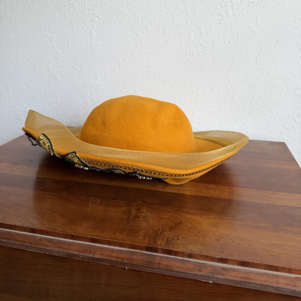 Vtg WPL 5923 Yellow 100% Wool Floral Sequin Embellished Wide Brim Hat Womens O/S